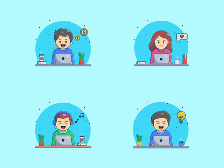 Cute People Work From Home Cartoon Vector Icon Illustration. People And Technology Icon Concept Isolated Premium Vector. Flat Cartoon Styleのイラスト素材