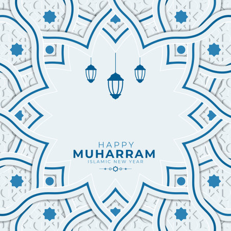 Happy Muharram greeting card template with calligraphy, lantern and ornamentのイラスト素材