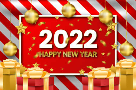 Realistic Happy New Year 2022 banner with box, confetti and stars. Premium Vectorのイラスト素材
