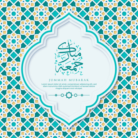 Jummah Mubarak Greeting Card with Calligraphy and Ornament Premium Vectorのイラスト素材