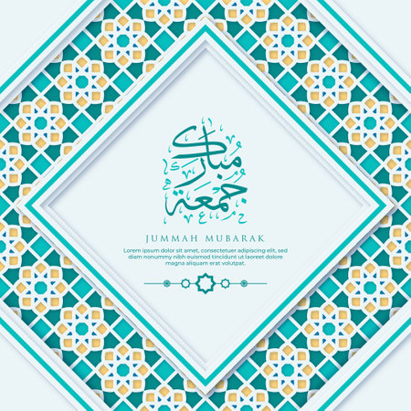 Jummah Mubarak Greeting Card with Calligraphy and Ornament Premium Vectorのイラスト素材