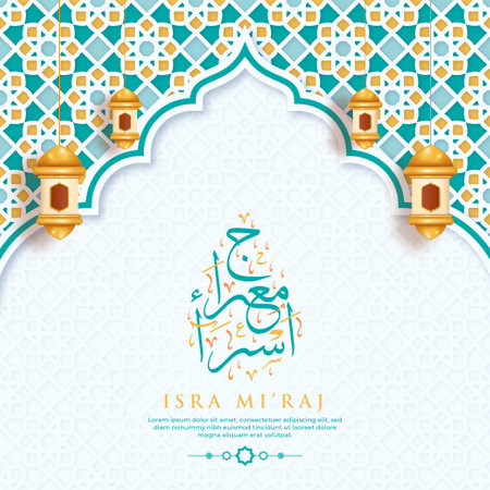 Isra Miraj Greeting Card with Calligraphy and Ornament Premium Vectorのイラスト素材