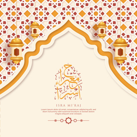 Isra Miraj Greeting Card with Calligraphy and Ornament Premium Vectorのイラスト素材