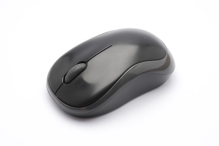 Blank Black Wireless Computer Mouse on White Background for Office or Home Useの写真素材