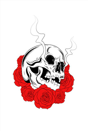 skull head with rose hand drawingのイラスト素材