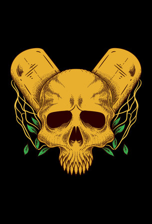 Human skull with tombstone & leaf vector illustrationのイラスト素材