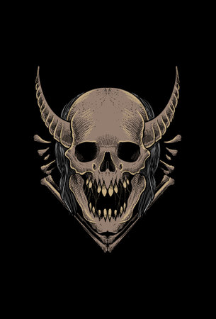 Skull with hair and bone artwork illustrationのイラスト素材