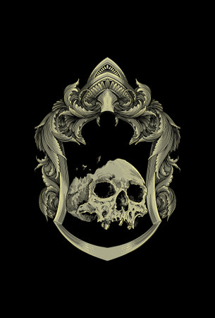 Dark art Art work Skull Demon Head human with Ornament Illustration Black artのイラスト素材