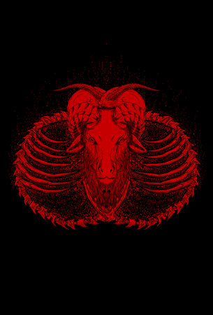 Goat skull with skull human skeleton artwork illustration