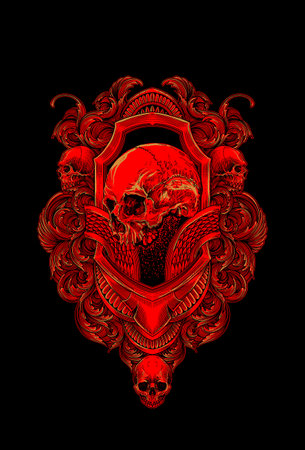 Human skull with ornament artwork illustrationのイラスト素材