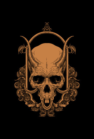 Skull with horn and ornament artwork illustrationの写真素材