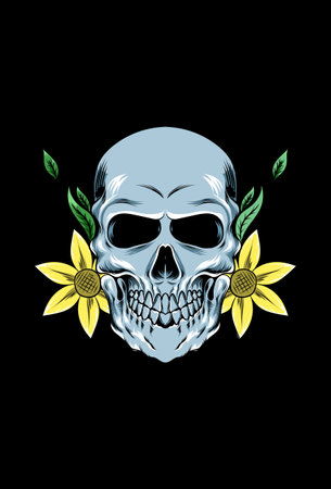 Human skull with flower and leaf vector illustrationの写真素材