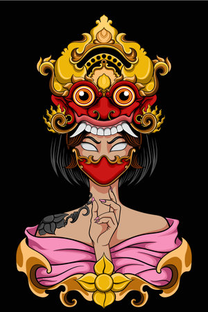 Geisha with balines barong vector illustrationのイラスト素材