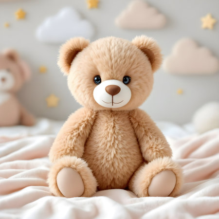 Cute teddy bear sitting on bed at home, soft focus backgroundの素材