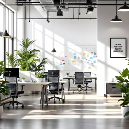 Modern office interior with white walls, wooden floor, rows of black computer tables and green plants. 3d rendering mock upの素材