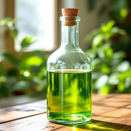 Glass bottle of olive oil on a wooden table near a window.の素材