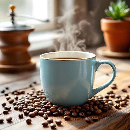Coffee cup and coffee beans on wooden table. Coffee backgroundの素材