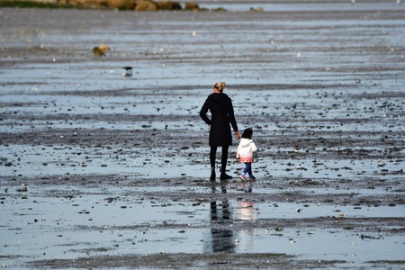 Mother and tot on the beachの写真素材