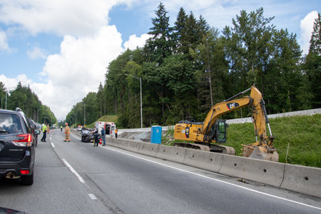 A picture of a car that flipped over an accident on the Trans Canada highway, North bound.    June 6th 2020 North Vancouver BC Canadaのeditorial素材