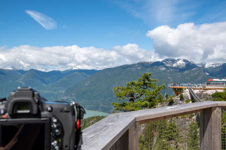 A picture of the sea to sky gondola view deck and the suspension bridge.    Squamish BC Canada