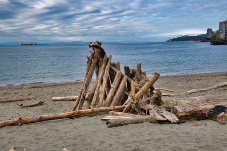 Image of the Driftwood Forts on the beach.   West Vancouver BC Canadaの写真素材
