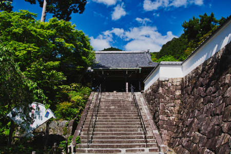 The main hall and the stairways of Yoshimine-dera temple.  Kyoto Japan