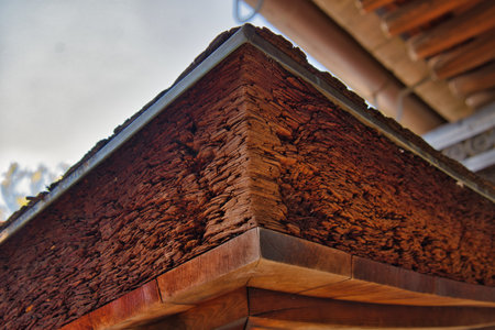 A side-view of Cypress bark roofing.  Kyoto Japan