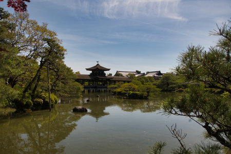 A covered bridge over the pond.  Kyoto Japanの写真素材