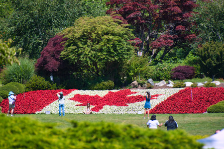 The Maple Leaf Flag made with the red and white flowers. Peace Arch Park Canada and US borderの写真素材