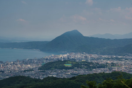 A view of Beppu city from Jumonji Viewpoint.  Ooita, Japanãの写真素材