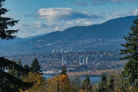 A view of North Vancouver with the autumn leaves.  from Burnaby Mt., BC, Canadaの写真素材