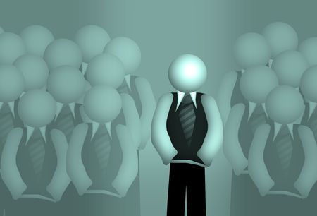 orator stands in front of the groupの写真素材