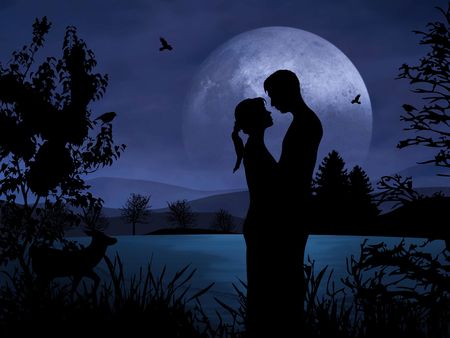 Romantic couple at night with nice moonshineの写真素材