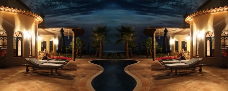 south sea facade with nice lights, palms and pool