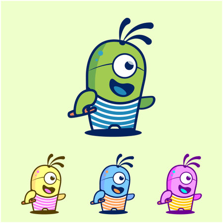 Collection of cute, colorful cartoon monsters waving hands, smiling happily. Ideal for children's projects, playful designs, and whimsical themes. Vector.のイラスト素材