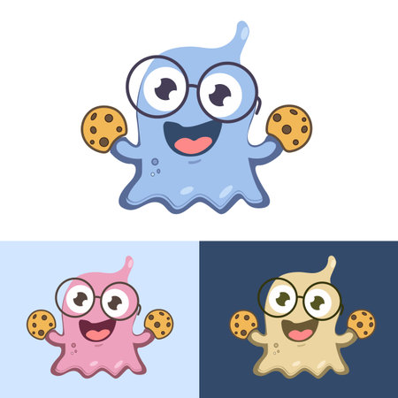 A cute blue blob monster with big glasses and a happy smile holds two chocolate chip cookies. Ideal for sweet treat promotions or playful branding.のイラスト素材