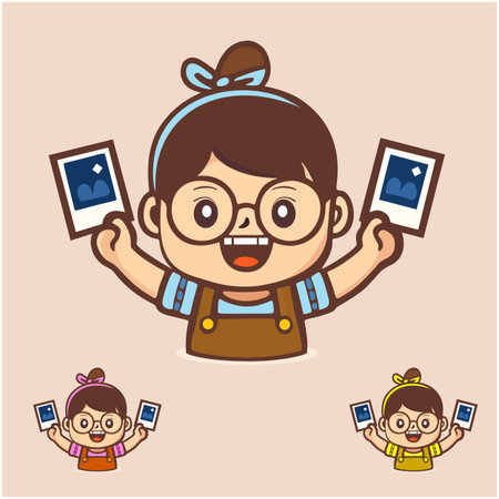 A charming cartoon character wearing glasses and overalls, happily showcasing two instant print photos. Ideal for themes of memories, creativity, and photography.のイラスト素材