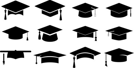 Graduation hat cap icons set. Academic cap. Graduation student black cap and diploma - stock vector.のイラスト素材