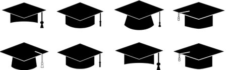 Graduation hat cap icons set. Academic cap. Graduation student black cap and diploma - stock vector.のイラスト素材
