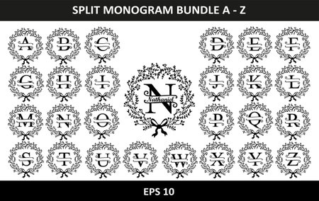 Split Monogram Letter, Set of letters to create a monogram. Monogram alphabet. Vector illustration. Set of initial decorative plant monogram split letter vectorのイラスト素材