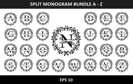 Split Monogram Letter, Set of letters to create a monogram. Monogram alphabet. Vector illustration. Set of initial decorative plant monogram split letter vectorのイラスト素材