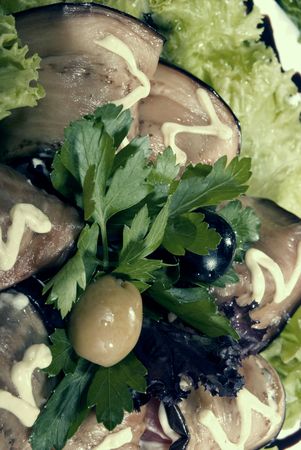 Appetizer made of rolled egg-plants served with salad	の写真素材