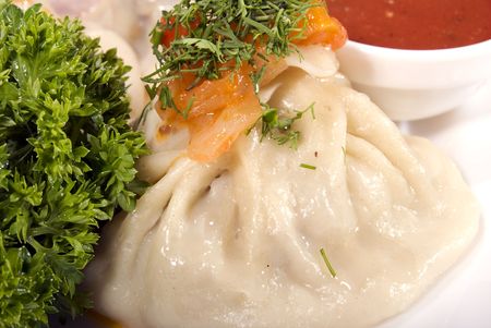 Dough stuffed with minced meat and served with sauce の写真素材