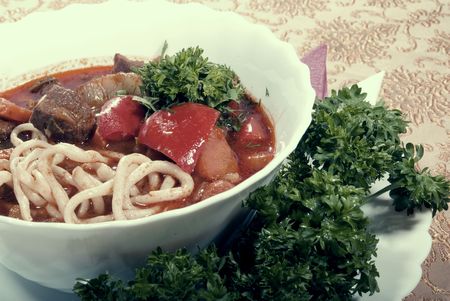Asian noodle soup with meat and vegetablesの写真素材