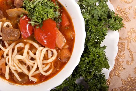 Asian noodle soup with meat and vegetablesの写真素材