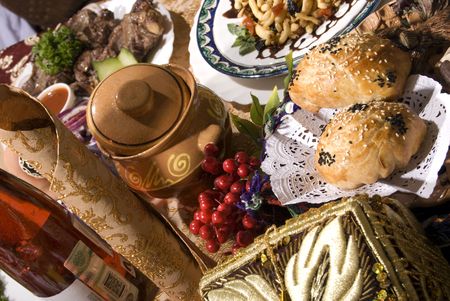 Festive board with different dishes in Asian styleの写真素材