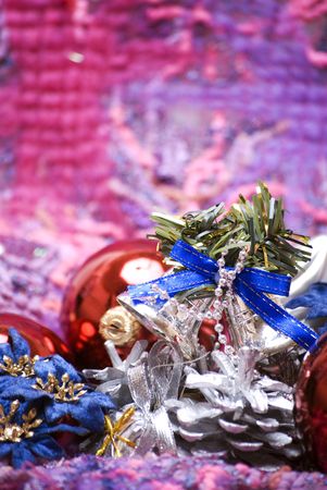 Different Christmas decorations on the soft colorful materialの写真素材
