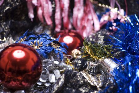Christmas balls, tinsel and coneの写真素材