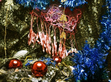Different Christmas decorations  on the sheer black materialの写真素材