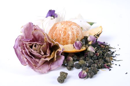 Composition made of dried flowers and citrusの写真素材